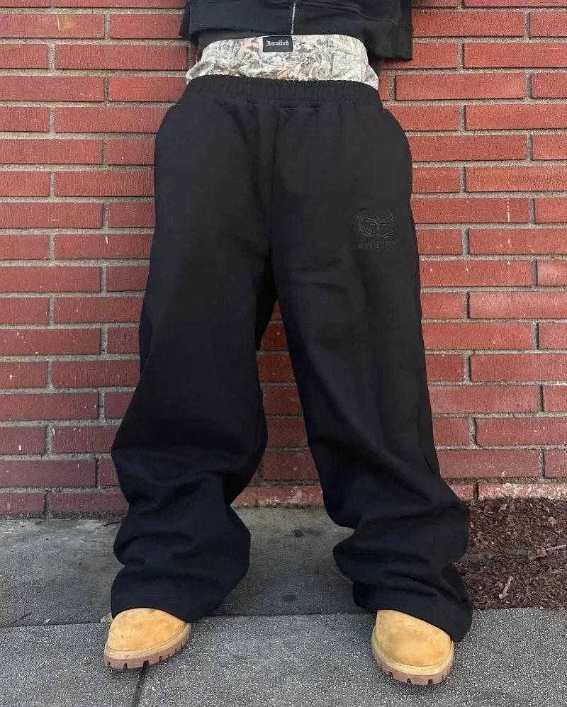 Y2K Retro Pants Harajuku Double Embroidered Waist Sweatpants Hip Hop Goth Clothes Fashion Wide Leg Baggy Pants Streetwear Unisex