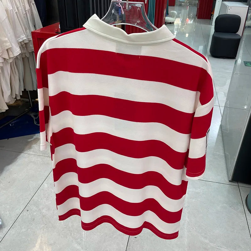 Striped Rhinestone Letter Logo MAJESTIK Short Sleeve Polo Shirt Men Woman Streetwear All-match Tee Best Quality New Fashion Top