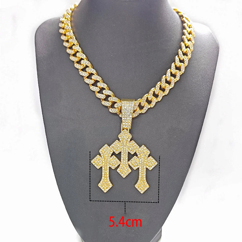 New Iced Out Stacked Crosses Pendant Necklace