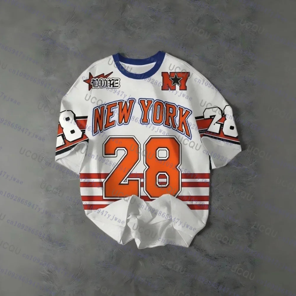 European American New York No.28 Football Jersey Women's Men's Summer Sports Fashion Striped Breathable Outdoor Streetwear Tops