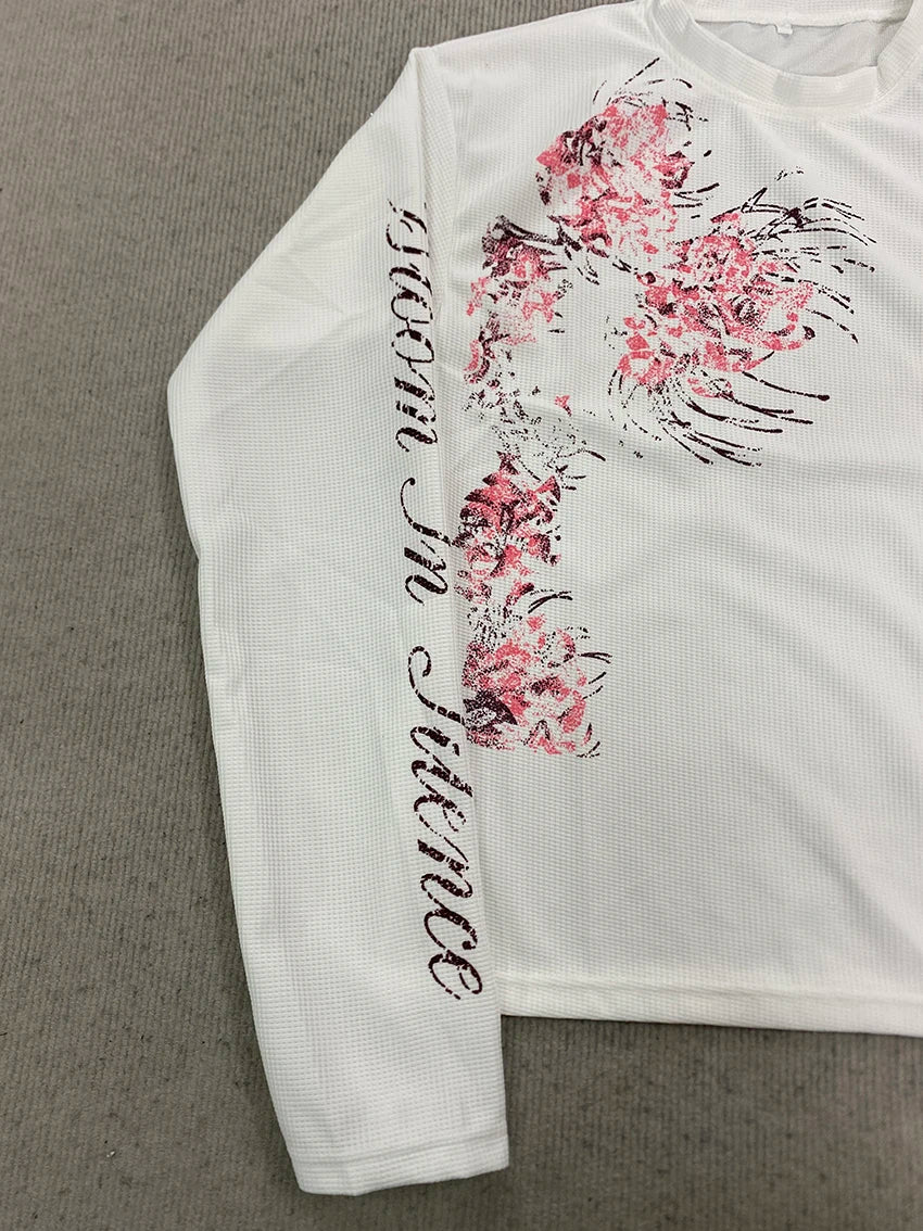 Fashionable Classics Round Neck Long Sleeved Versatile Loose T-shirt Y2K Streetwear Retro Personalized Creative Waffle Print Top