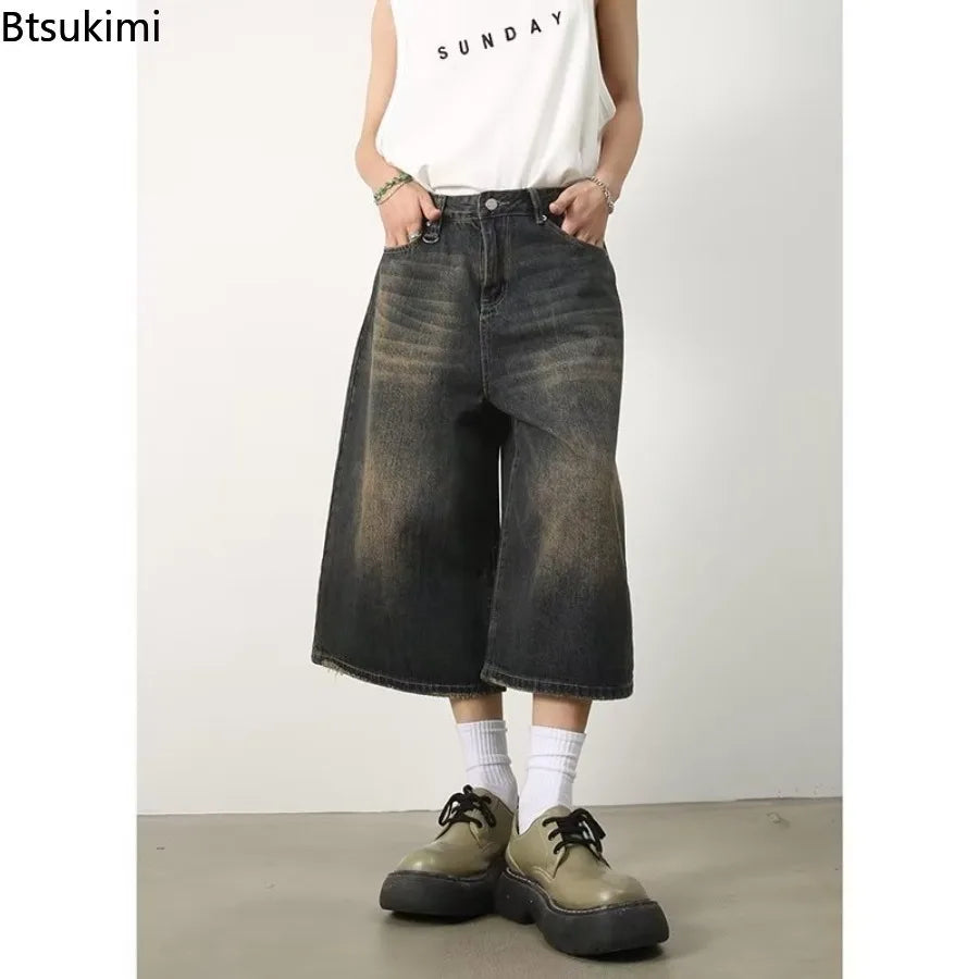 Vintage Y2k Baggy Jeans Men's Fashion High Waisted Wide Leg Pants Summer Hip Hop Streetwear Couple Leisure Denim Cropped Pants