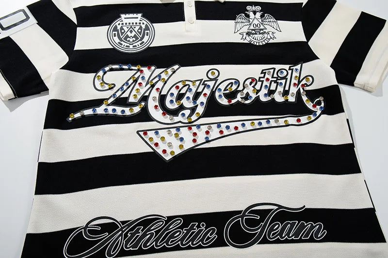 Striped Rhinestone Letter Logo MAJESTIK Short Sleeve Polo Shirt Men Woman Streetwear All-match Tee Best Quality New Fashion Top