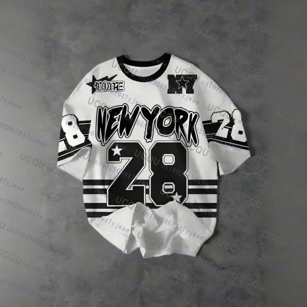 European American New York No.28 Football Jersey Women's Men's Summer Sports Fashion Striped Breathable Outdoor Streetwear Tops