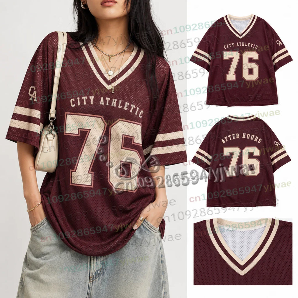 American Streetwear Football Jersey Summer Special Edition Women V-Neck Hole TShirt Short Sleeve Rushready Y2K Men's Clothing