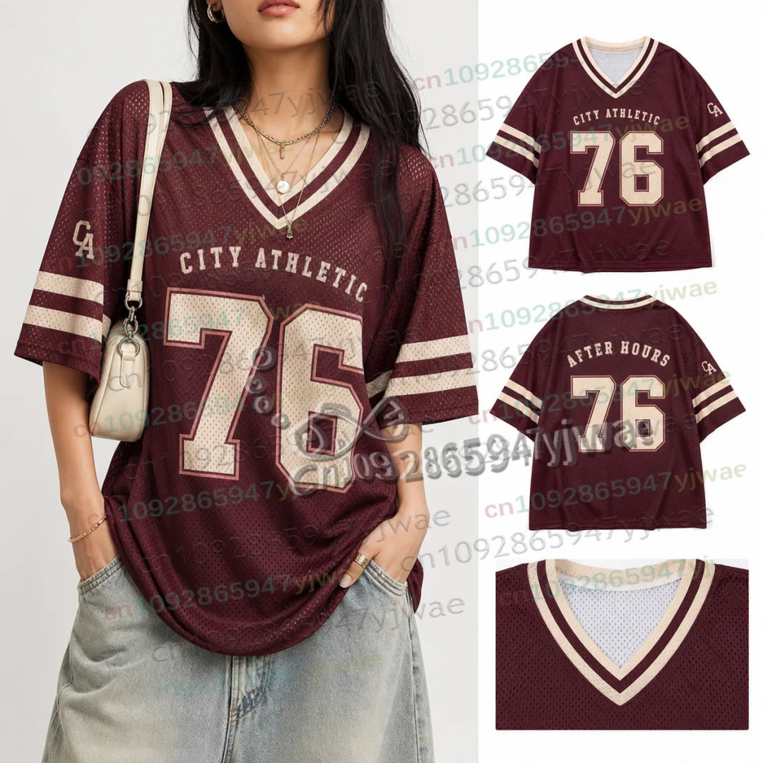 American Streetwear Football Jersey Summer Special Edition Women V-Neck Hole TShirt Short Sleeve Rushready Y2K Men's Clothing