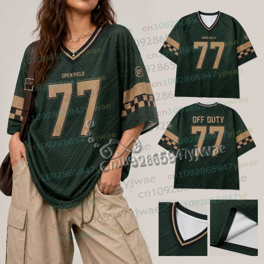 American Streetwear Football Jersey Summer Special Edition Women V-Neck Hole TShirt Short Sleeve Rushready Y2K Men's Clothing
