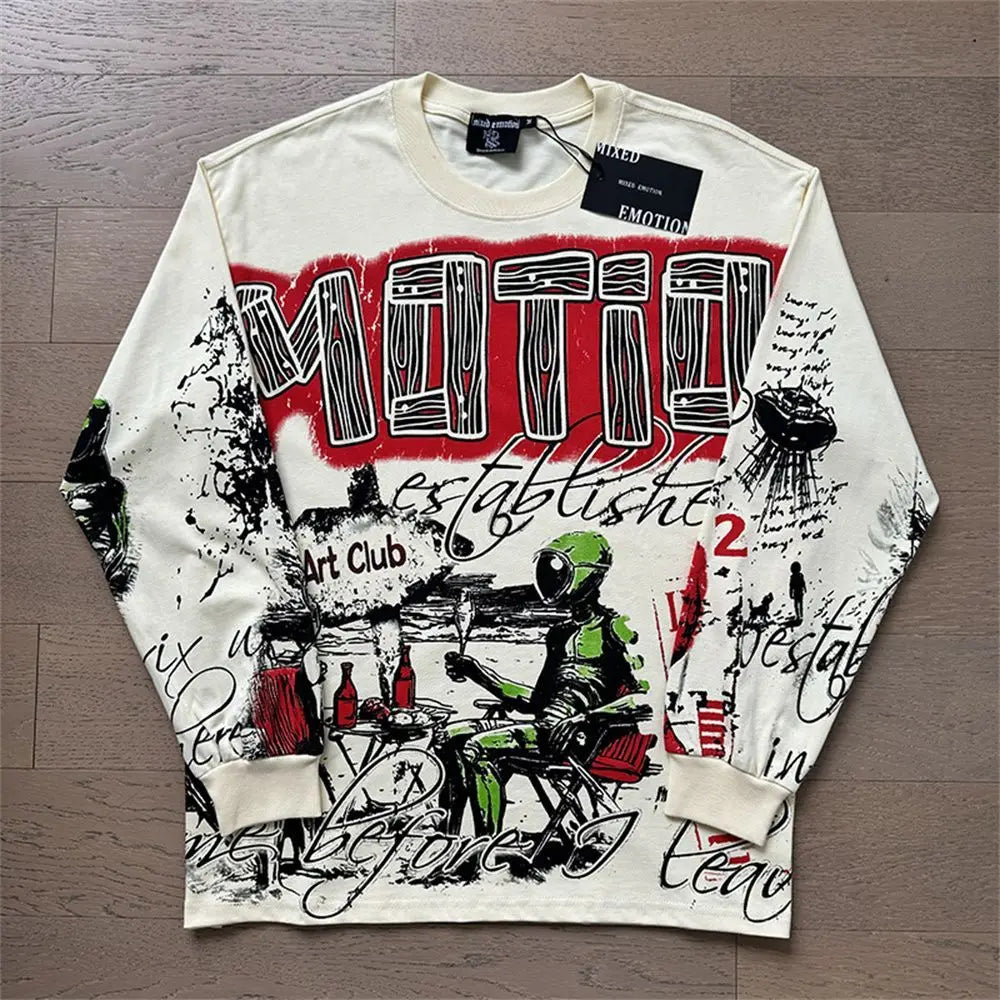 2026 New MIXED EMOTION Long Sleeve T-shirt Men Women High Street Full Print Best Quality Crewneck Hip Hop Oversized Tops