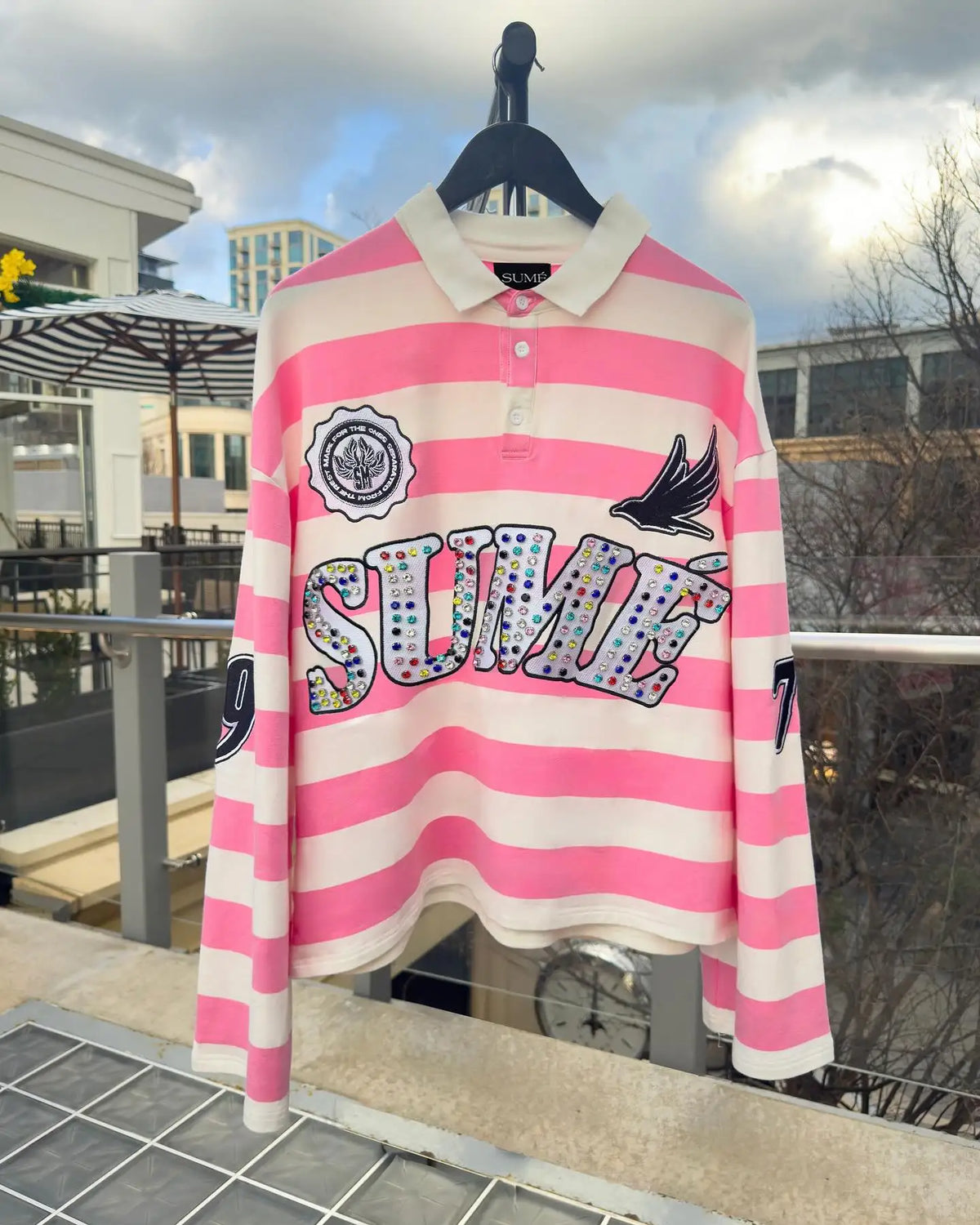 Pink Rugby Polo Shirts Hip Hop Men Stripe Print Lapel Neck Shirt Y2k Harajuku Fashion Casual Cotton Long Sleeves Top Women Tees