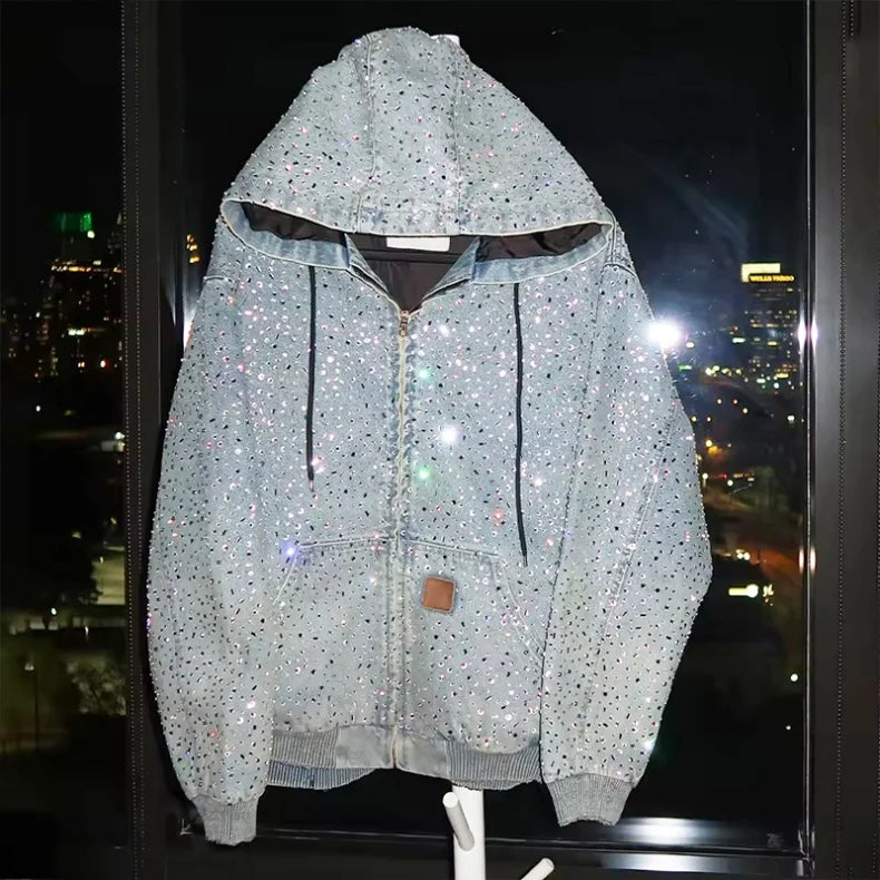 Custom Printed Rhinestone Glitter Stone Half Zip Hoodie Bling Diamond Transfer Men's Sweatpants Unisex Plus Size 100% Autumn