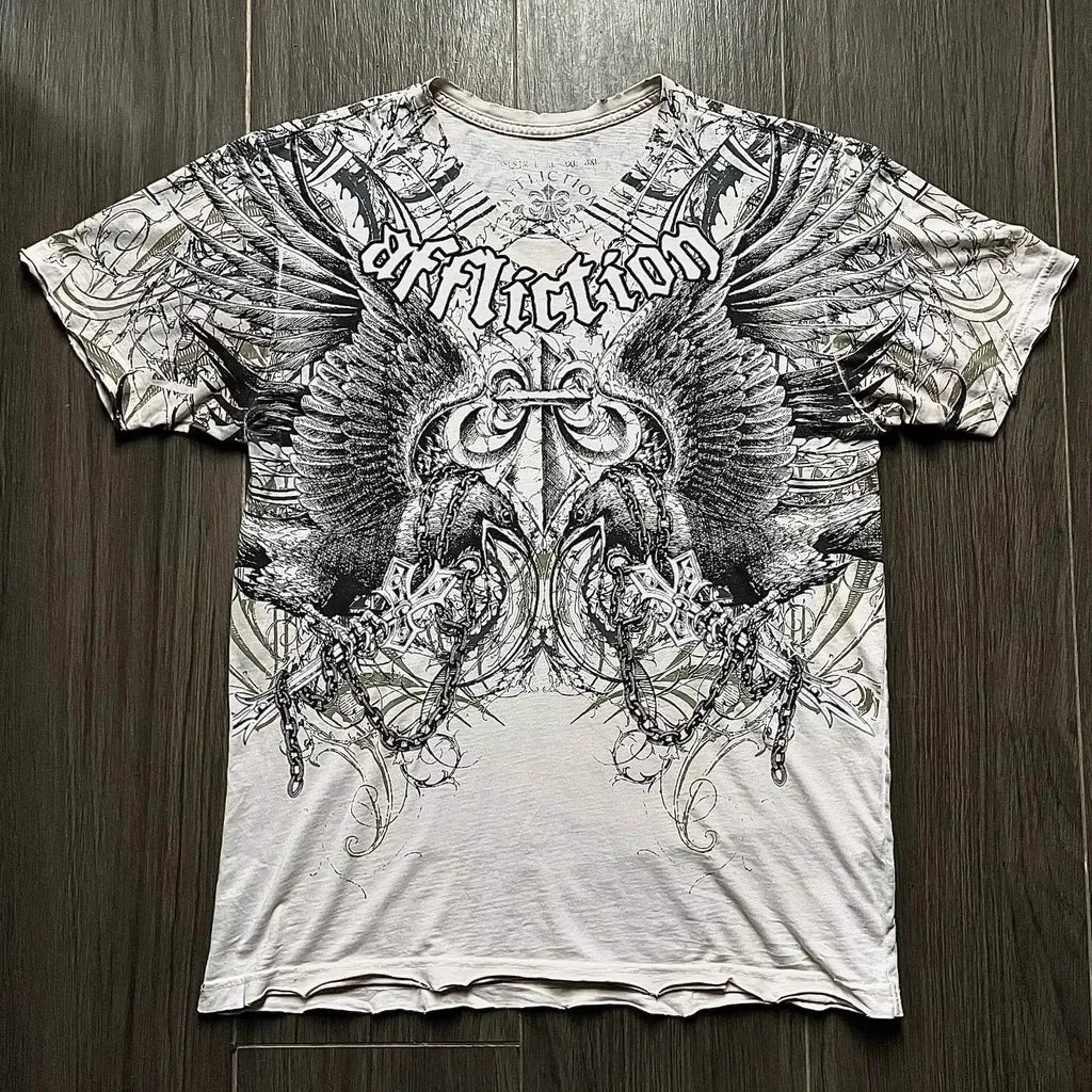 Affliction Street Fashion Cotton Pattern Printing Y2K Short Sleeved Tshirt New Harajuku Casual Loose Summer Unisex Punk Rock Top