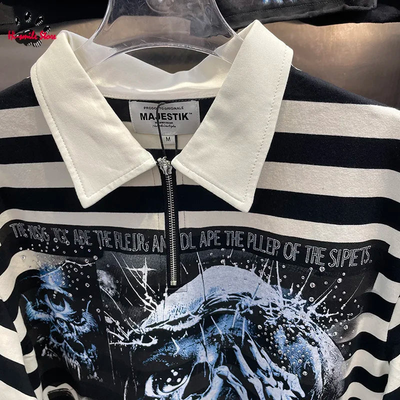 Striped Rhinestone Letter Logo MAJESTIK Short Sleeve Polo Shirt Men Woman Streetwear All-match Tee Best Quality New Fashion Top