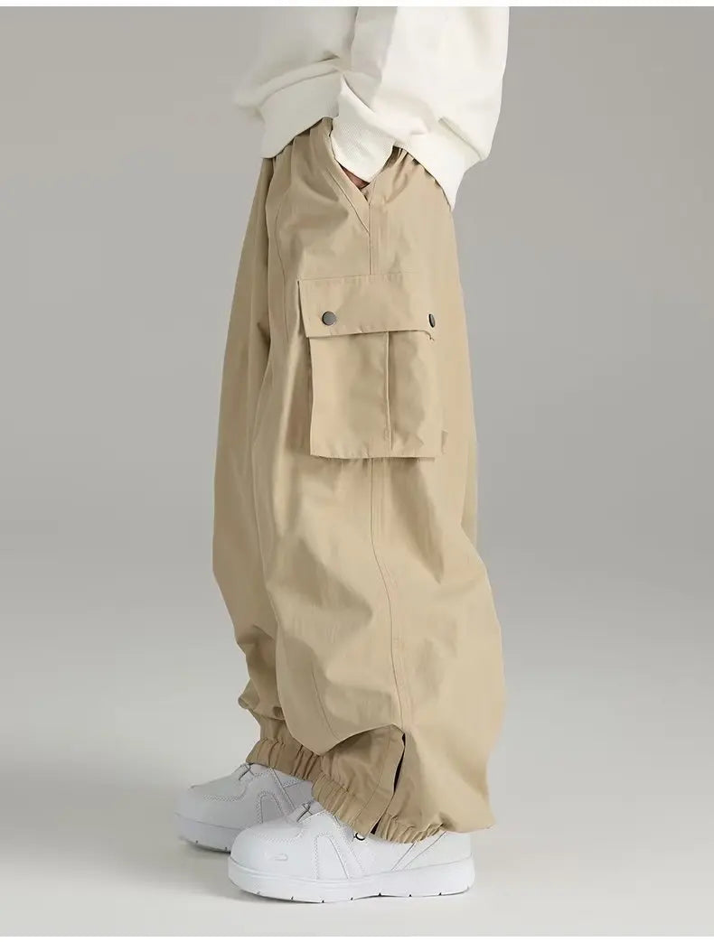 Beige Baggy Cargo Pants Side Pocket Elastic Cuff Loose Fit Trousers Men's Casual Pants