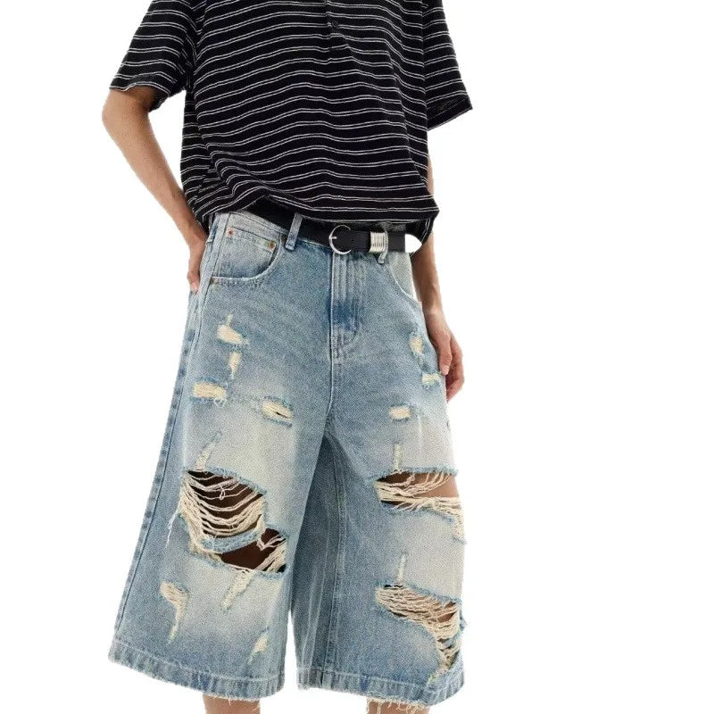 New Men Vintage Ripped Baggy Short Jeans Women Grunge Distressed Oversized Jorts Y2k Retro Punk Streetwear Wide Leg Denim Shorts