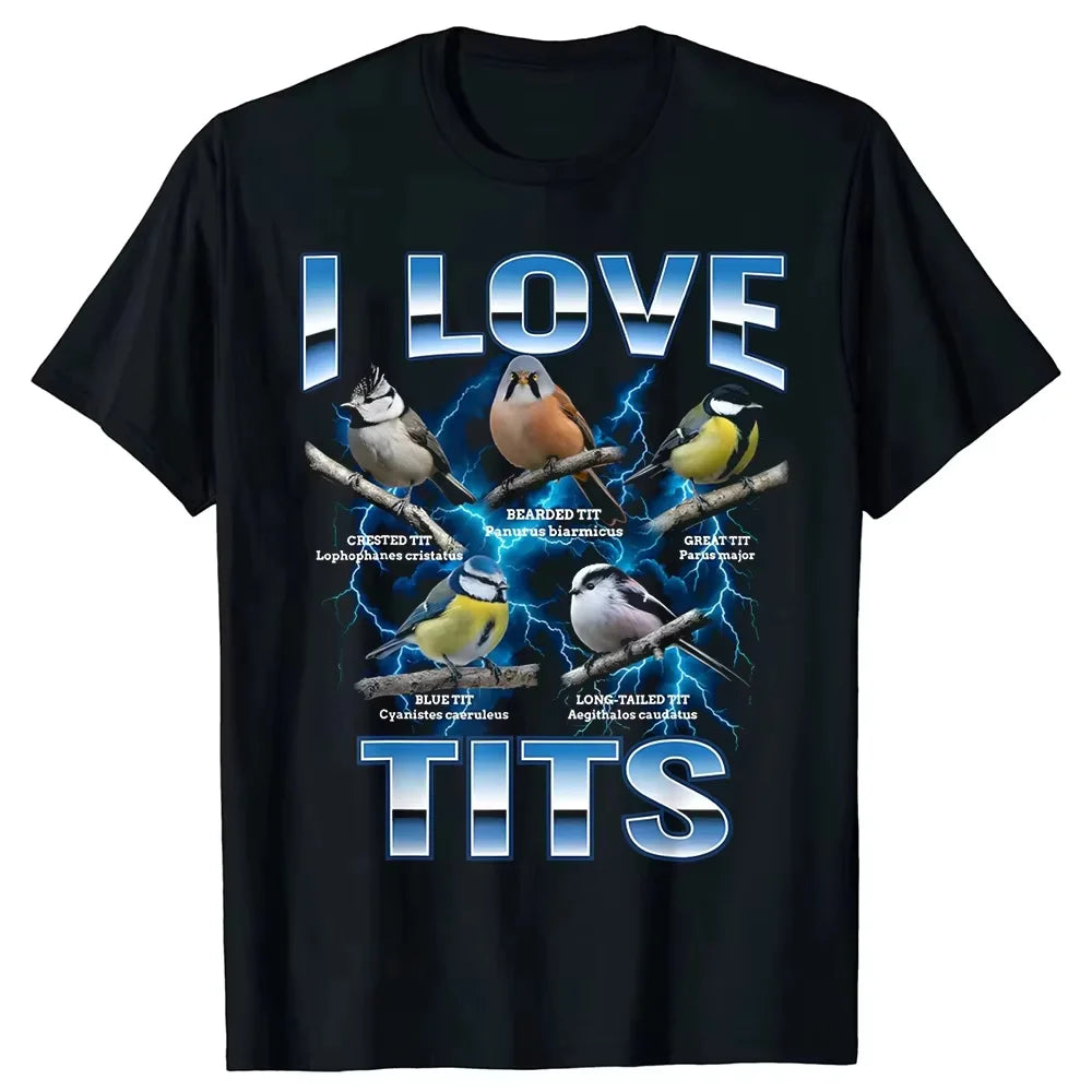 Funny Bird Meme I Love Tits Birdwatching Retro T-shirts Men Print Tshirt Loose Oversized Streetwear Hip Hop Unisex T Shirt