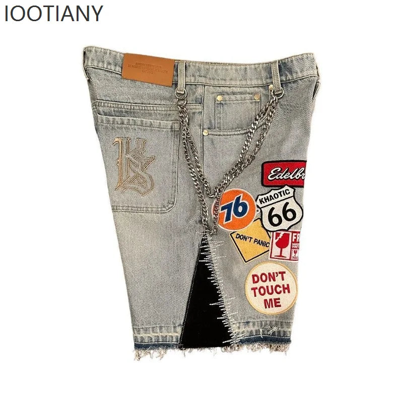 IOOTIANY Y2k Cartoon Embroidery Jorts Man Women Harajuku Streetwear Retro Patchwork Denim Shorts Jeans Baggy Shorts Oversized