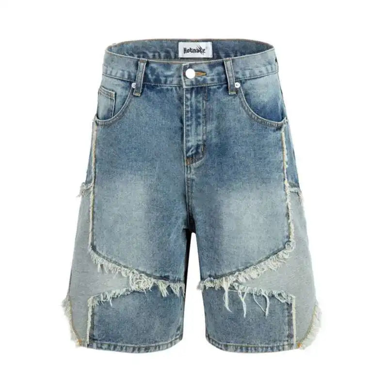 Summer Pentagram Pattern Men's Jort Splicing Mid Length Denim Pants American High Street Straight Male Shorts