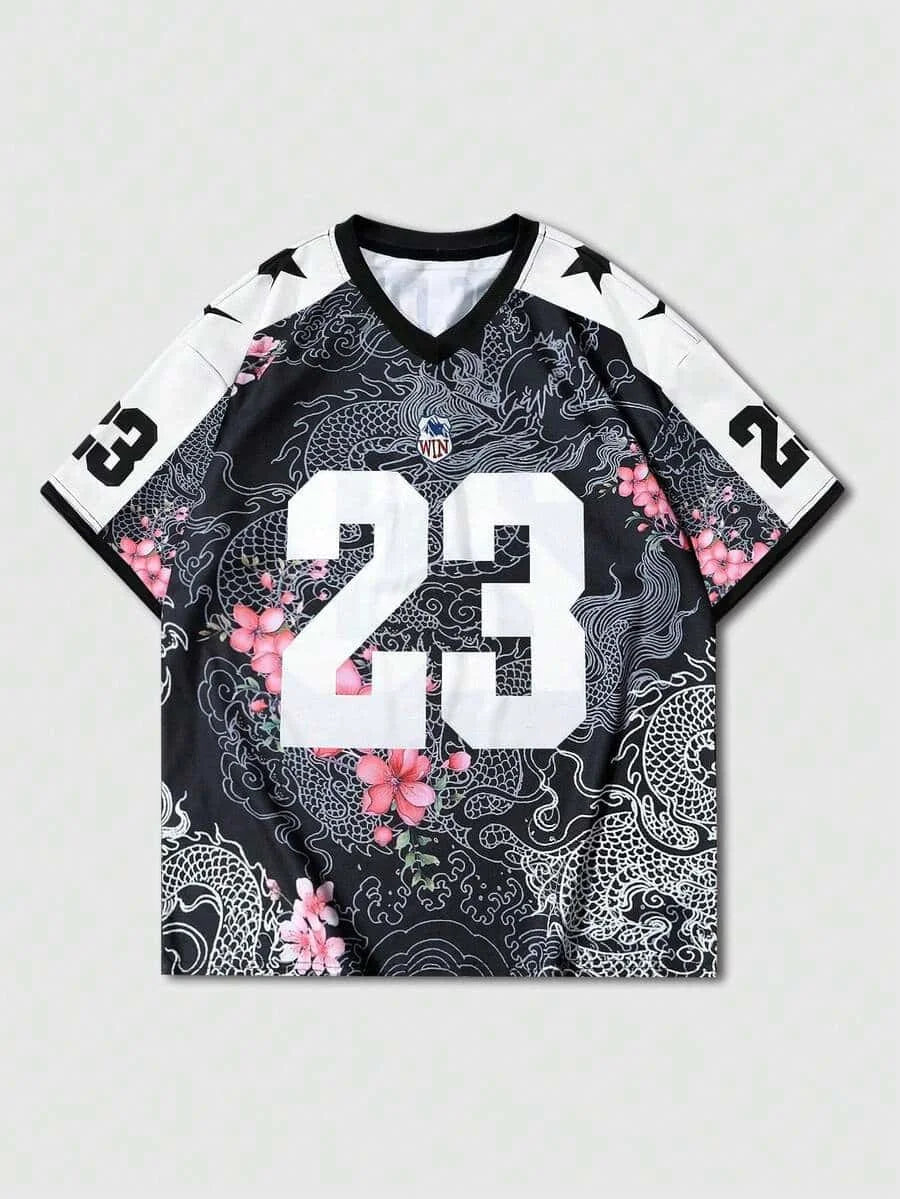 American Football Jersey China-Chic Dragon Pattern Cherry Blossom Flower Full Print V-neck Mesh Loose T-shirt for Men and Women