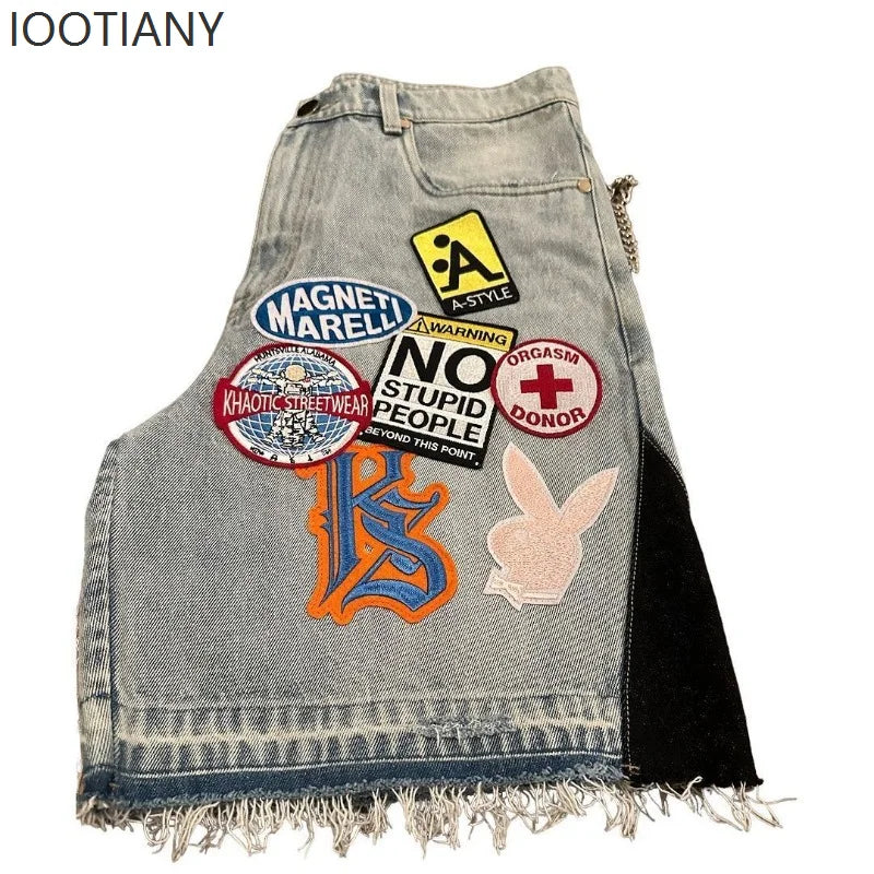 IOOTIANY Y2k Cartoon Embroidery Jorts Man Women Harajuku Streetwear Retro Patchwork Denim Shorts Jeans Baggy Shorts Oversized