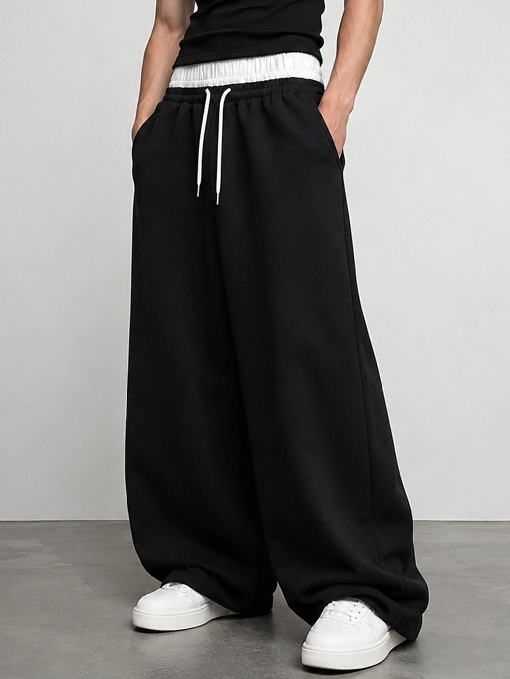 Men's Baggy Wide Leg Sweatpants Contrast White Waist Polyester S-2XL Drawstring Hip Hop Streetwear Casual Loose Fit Jogger Pants