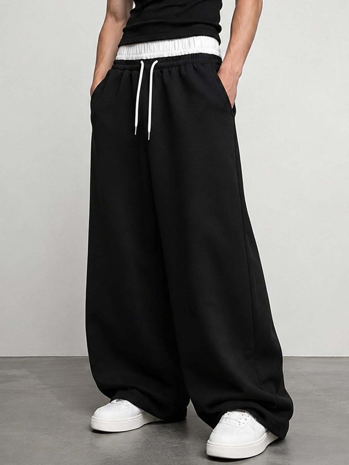 Men's Baggy Wide Leg Sweatpants Contrast White Waist Polyester S-2XL Drawstring Hip Hop Streetwear Casual Loose Fit Jogger Pants