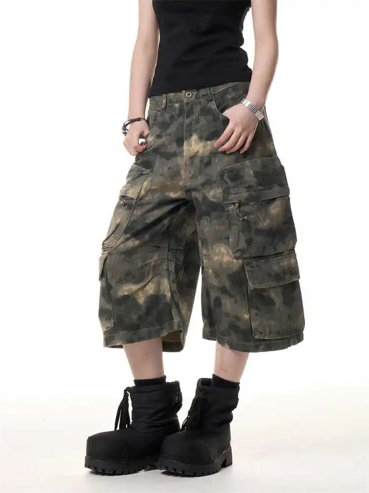Women Camouflage Jorts Cargo Jean Men Abi Y2K 2000s Ripped Denim Calf-Length Pants Japanese American Retro Cyber Punk Harajuku