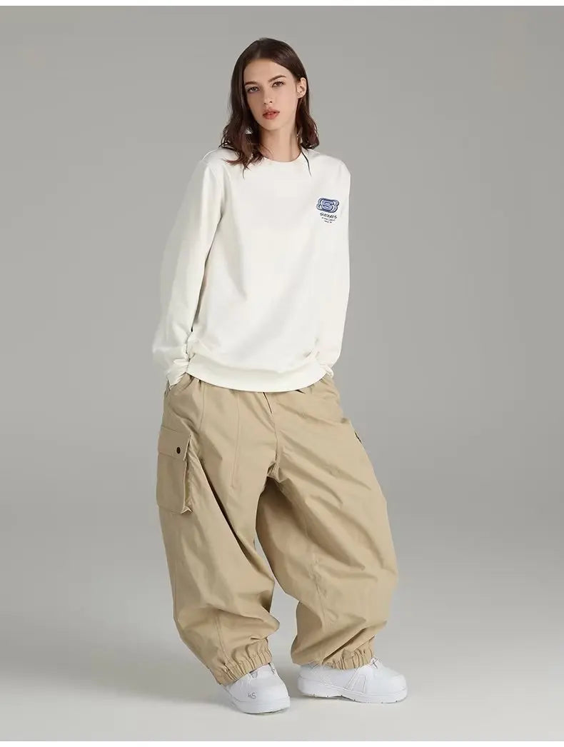 Beige Baggy Cargo Pants Side Pocket Elastic Cuff Loose Fit Trousers Men's Casual Pants