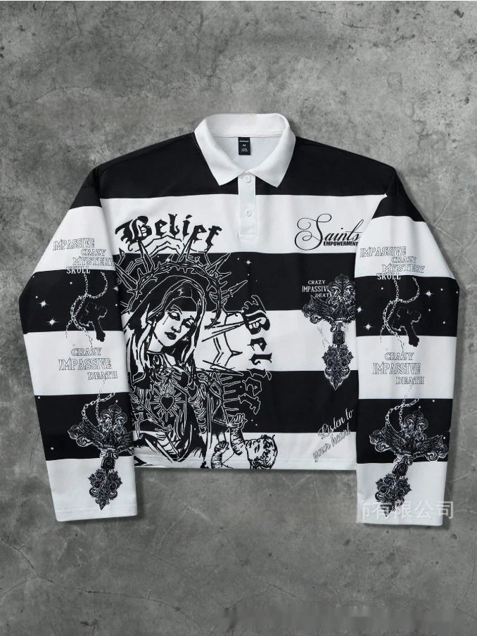 2026 Summer New Style Men's Long-Sleeved Polo Shirt with 3D Letter Pattern Print Street Casual Fashionable and Comfortable
