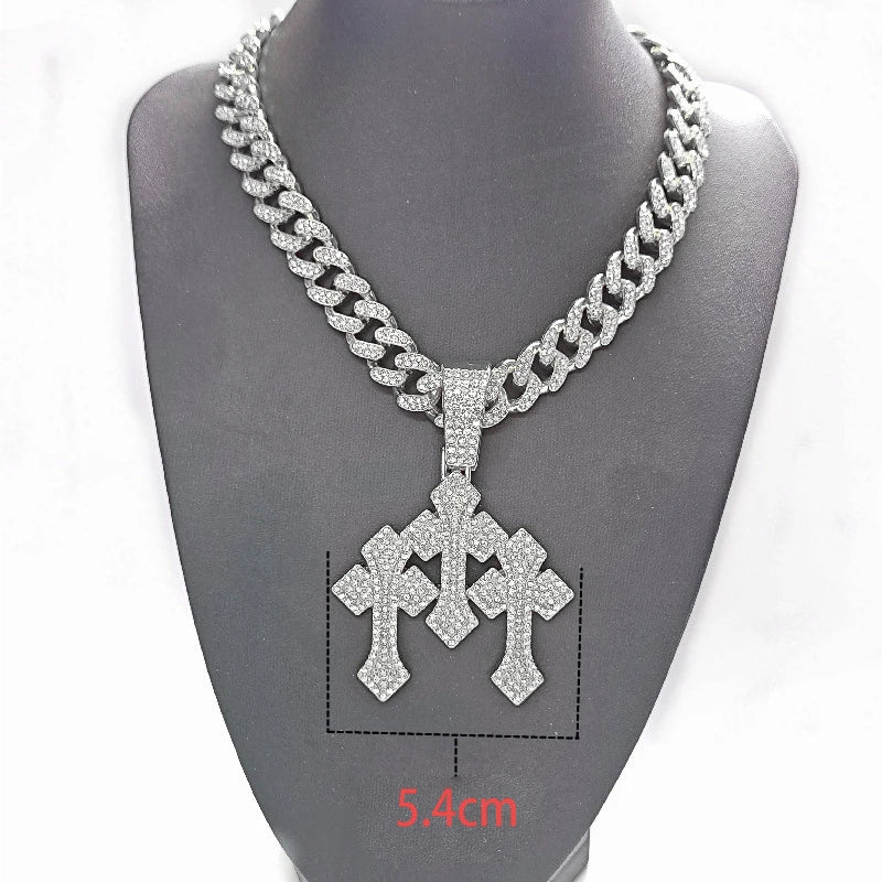 New Iced Out Stacked Crosses Pendant Necklace