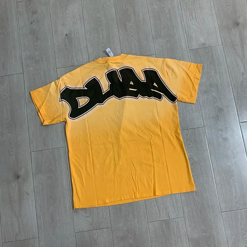 Streetwear Rhinestone Letter Print Yellow T-shirt Men Woman Fashion Retro Shinning Diamond loose casual Oversized Hip Hop Tees