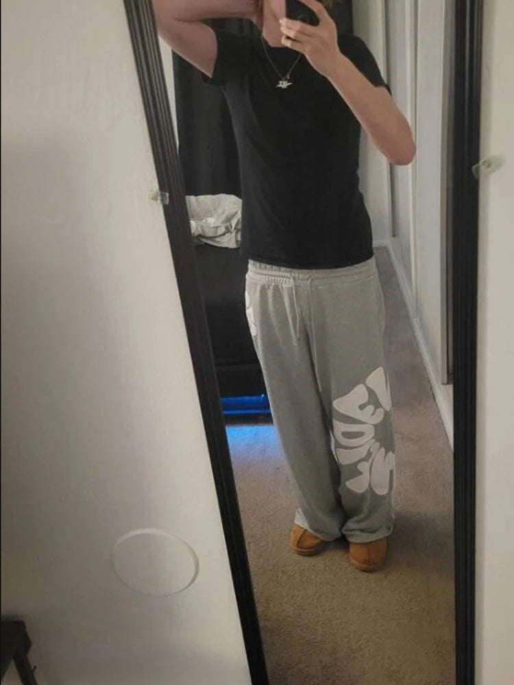 Baggy Y2K Streetwear Men's Stacked Grey Heavyweight Large Letter Print Sweatpants Loose Fit Drawstring Waist Casual Daily Wear