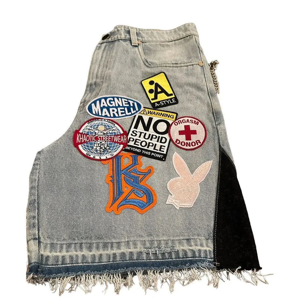 IOOTIANY Y2k Cartoon Embroidery Jorts Man Women Harajuku Streetwear Retro Patchwork Denim Shorts Jeans Baggy Shorts Oversized