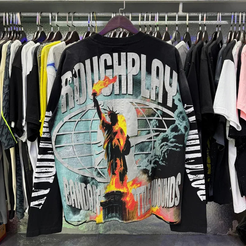 New American Style Rough Play Splicing Shinning Diamond 100% Cotton long sleeves T-shirts for Men Women Crew Neck Loose Summer T-shirt Oversized Tees