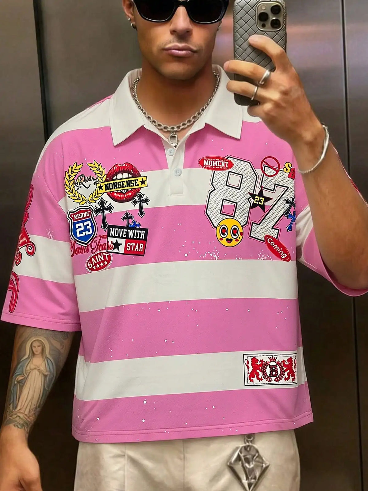 Summer Casual Graphic Pink Men'S Printed Long Sleeve Preppy Striped Polo Collar T-Shirt, Casual College Style Top