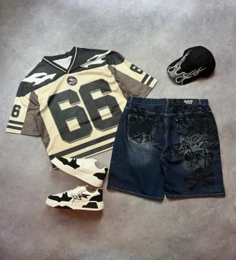 Y2K American T-shirt Harajuku Hip Hop Fashion Football Jersey Vintage Street Casual Breathable Splicing Loose Short Sleeve