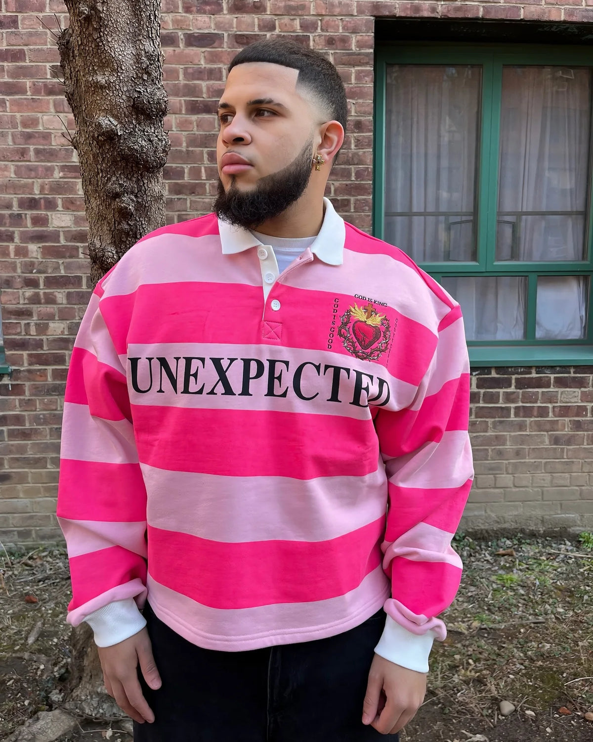 Pink Rugby Polo Shirts Hip Hop Men Stripe Print Lapel Neck Shirt Y2k Harajuku Fashion Casual Cotton Long Sleeves Top Women Tees