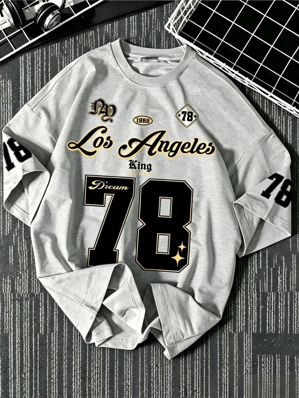 New American Men's Summer Personalized Los Angeles Letter Printed Comfortable Breathable Round Neck T-shirt Outdoor Street Top