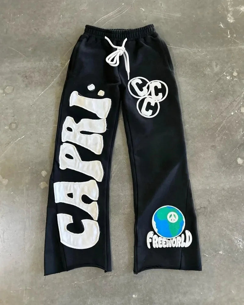 Y2K Hip Hop Flared Casual Pants Unisex Summer Loose Wide Leg Trousers Foam Letter Earth Peace Print Elastic Street Sweatpants