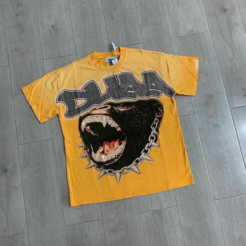 Streetwear Rhinestone Letter Print Yellow T-shirt Men Woman Fashion Retro Shinning Diamond loose casual Oversized Hip Hop Tees