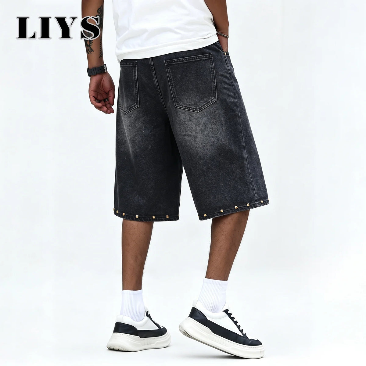 LIYS Men's Vintage Black Rivet Wide-Leg Jean Jorts High Street Y2K Fashion Brand Pants Streetwear Casual Outdoor Daily Wear ﻿