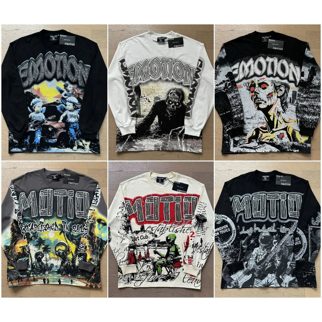 2026 New MIXED EMOTION Long Sleeve T-shirt Men Women High Street Full Print Best Quality Crewneck Hip Hop Oversized Tops