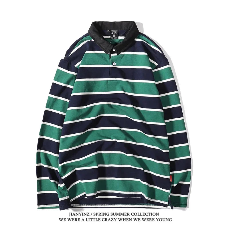 Color Blocking Striped Print Men's Polo Shirt Autumn Business Casual Long Sleeved Top Comfortable Breathable Loose Lapel T-Shirt