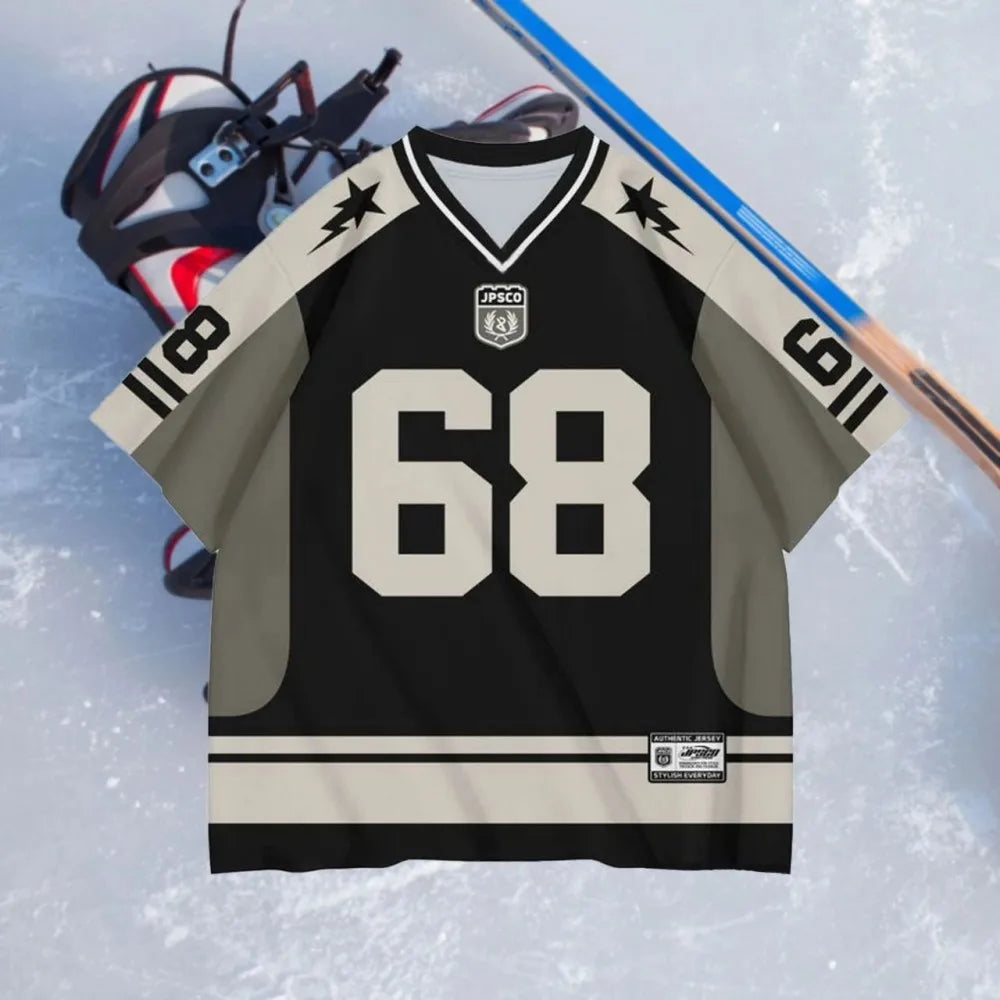 New American ice hockey men's breathable and comfortable V-neck T-shirt paired with digital printed outdoor sports top