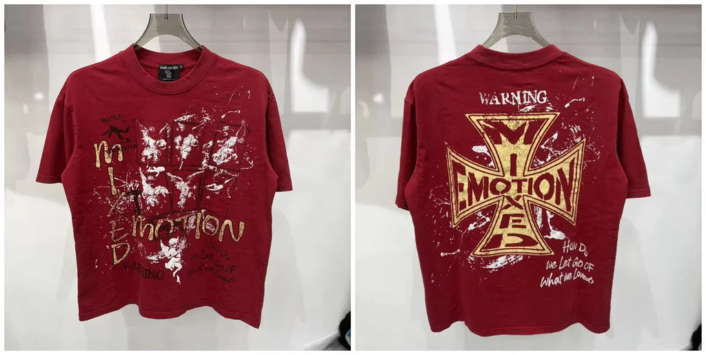 New MIXED-EMOTION Rhinestone cartoon printed pattern  cotton Men Women T-shirt Loose casual Shinning Tees Oversized Top