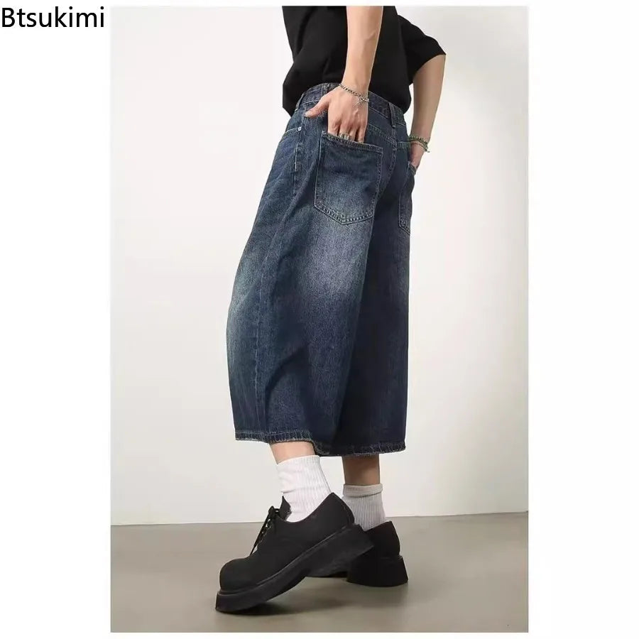 Vintage Y2k Baggy Jeans Men's Fashion High Waisted Wide Leg Pants Summer Hip Hop Streetwear Couple Leisure Denim Cropped Pants