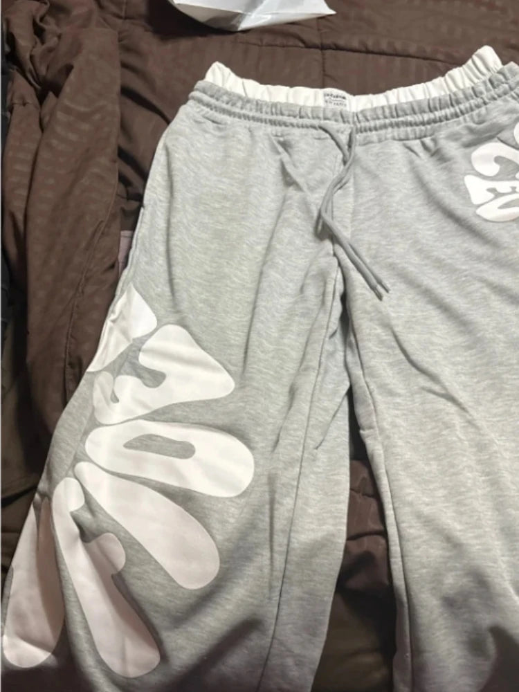 Baggy Y2K Streetwear Men's Stacked Grey Heavyweight Large Letter Print Sweatpants Loose Fit Drawstring Waist Casual Daily Wear