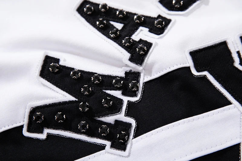 Embroidered Patchwork Rhinestone Letter Contrasting Lapel Short Sleeve Top Tees MAJESTIK Tshirts Cotton Men Women Street Outfit