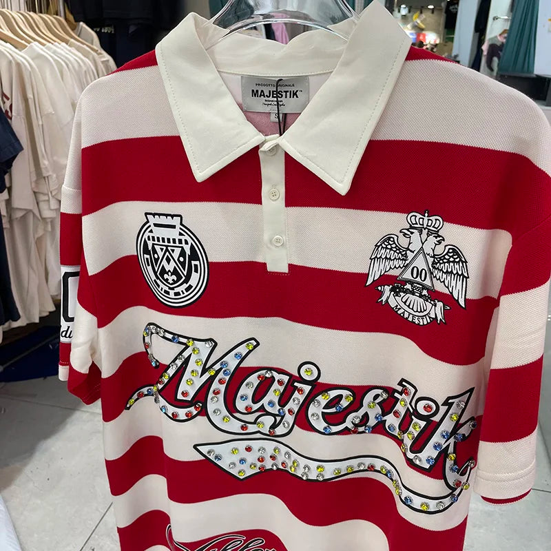 Striped Rhinestone Letter Logo MAJESTIK Short Sleeve Polo Shirt Men Woman Streetwear All-match Tee Best Quality New Fashion Top