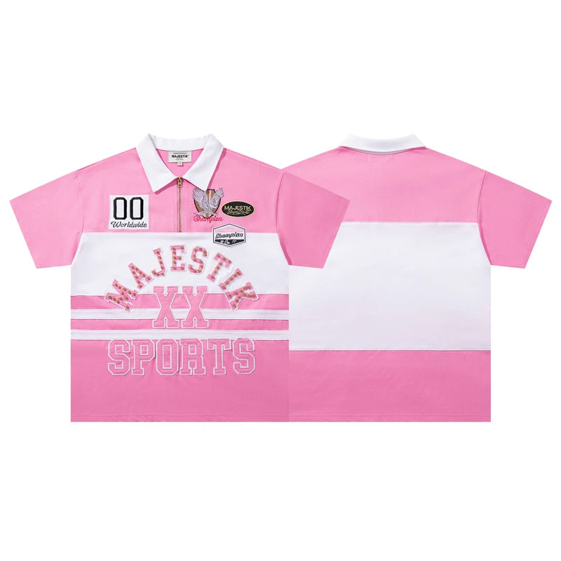 Embroidered Patchwork Rhinestone Letter Contrasting Lapel Short Sleeve Top Tees MAJESTIK Tshirts Cotton Men Women Street Outfit