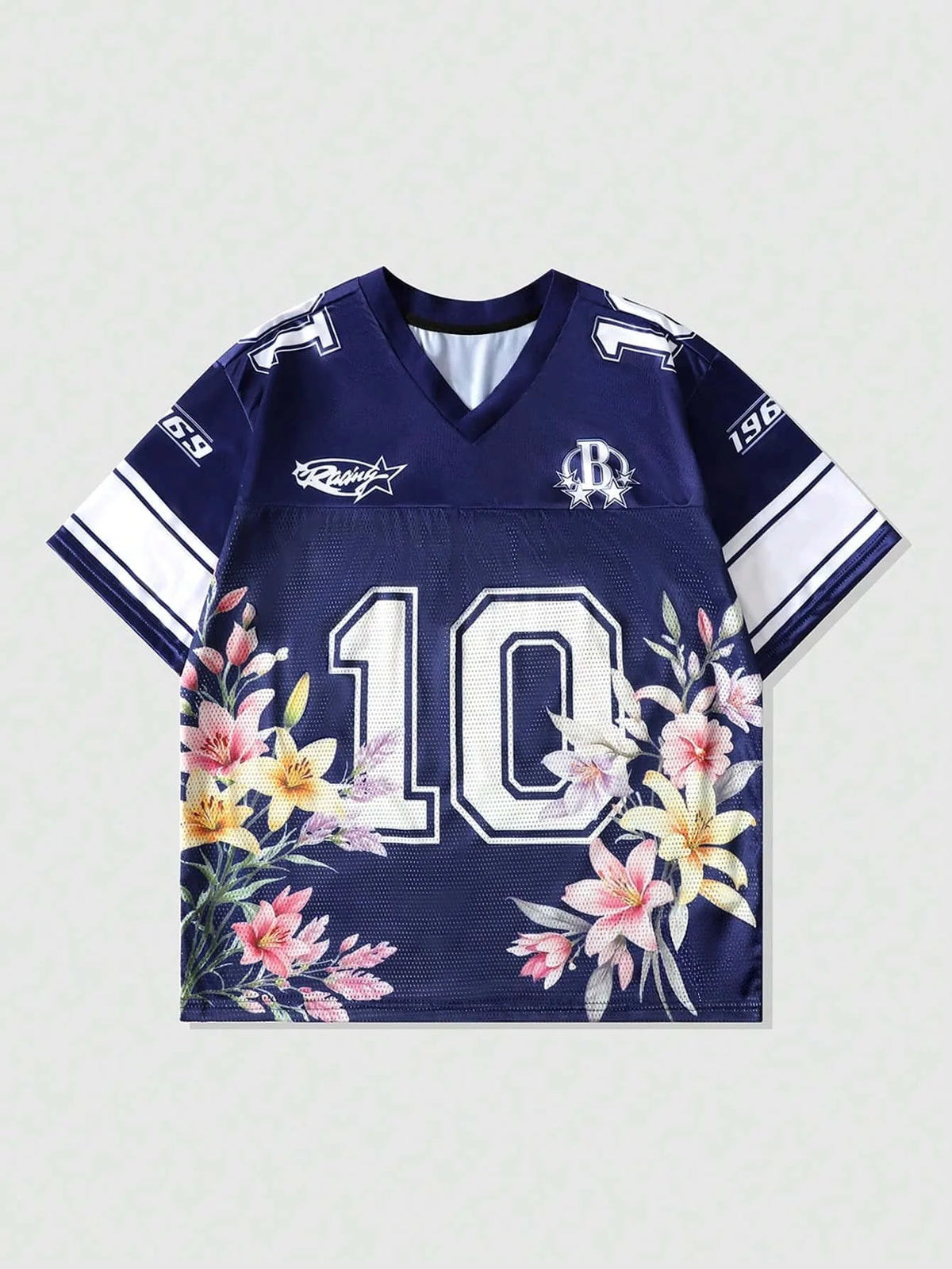 American Football Jersey China-Chic Dragon Pattern Cherry Blossom Flower Full Print V-neck Mesh Loose T-shirt for Men and Women